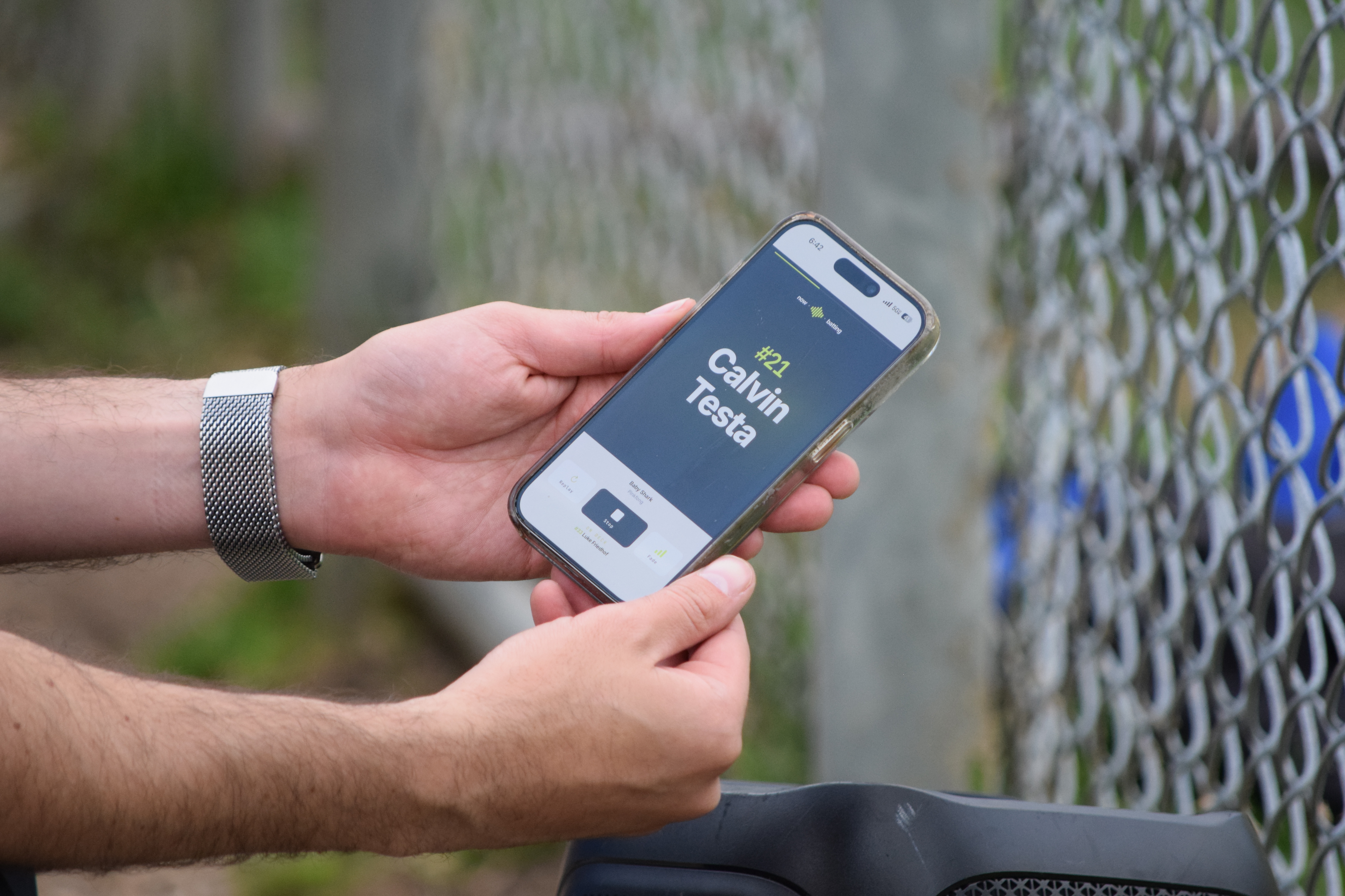 Now Batting app showing player walk-up at the field